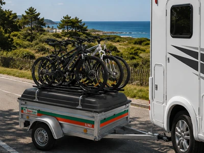Camping-car transportant des vélos sur une remorque