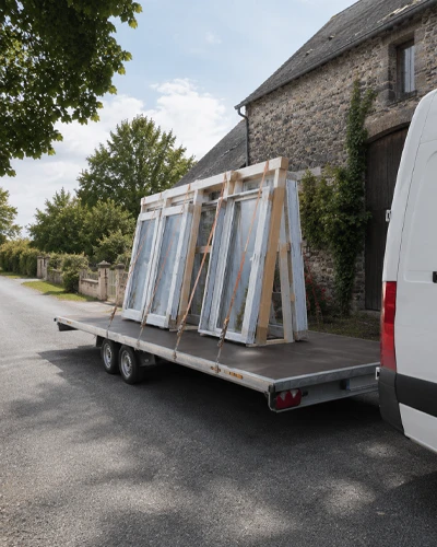 Fourgon avec une remorque plateau pour transporter des menuiseries